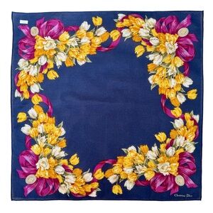 Dior Navy Silk Scarf with Yellow Tulip & Magenta Ribbon Border